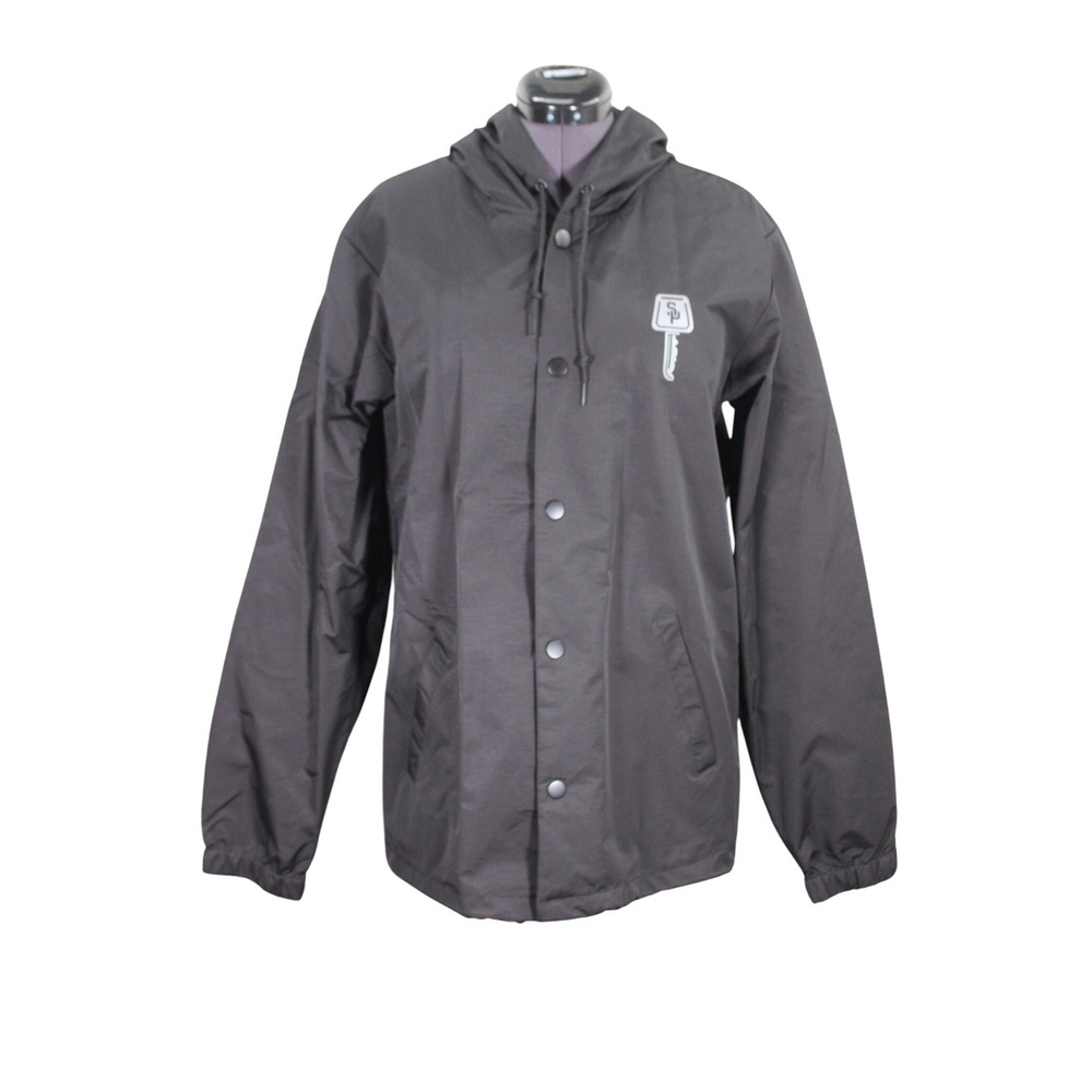 Street Parking Hooded Rain Jacket Unisex Size Large Snap Front Windbreaker Black